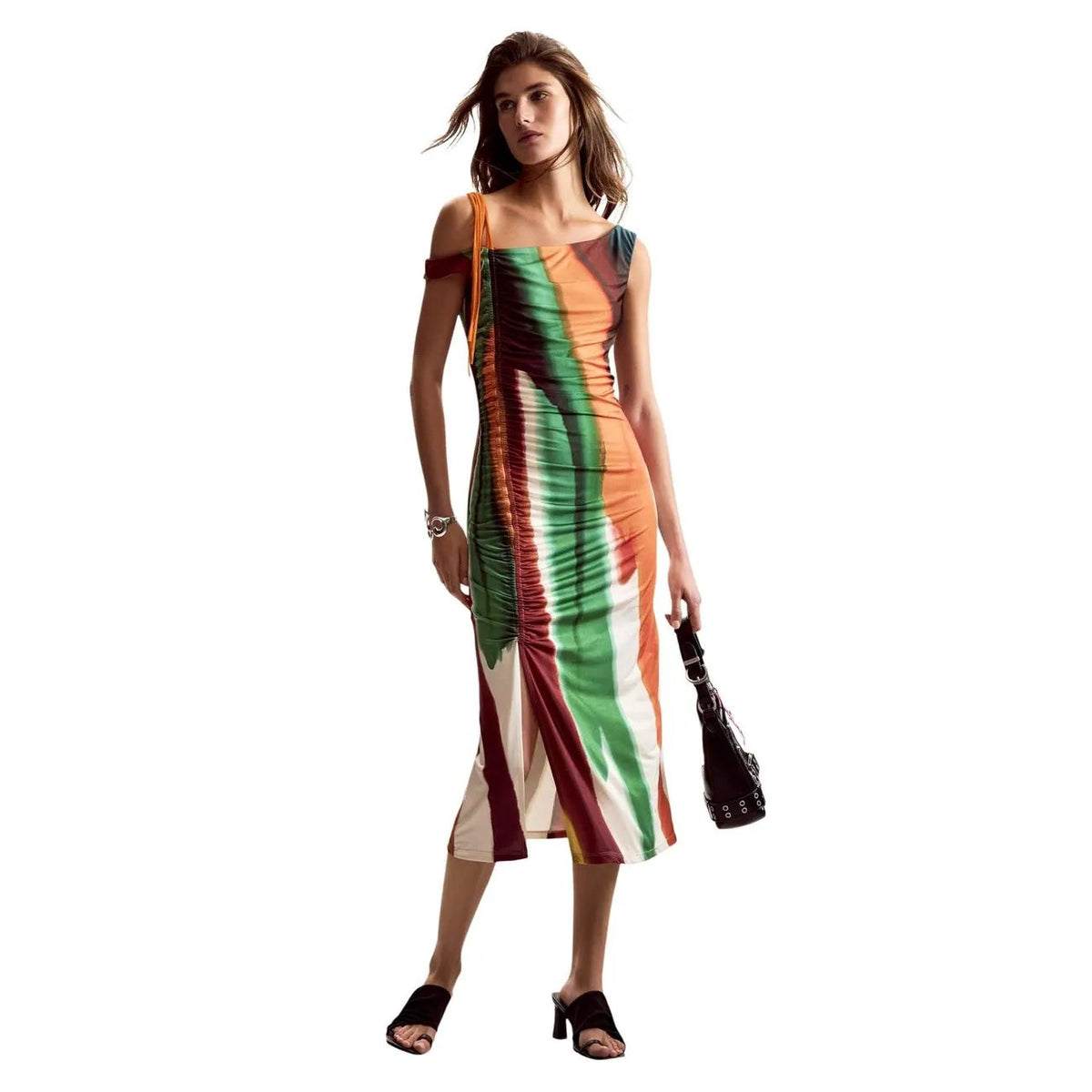 Desigual Women Vibrant Striped Cold Shoulder Ruched Stretch Midi Dress by Desigual