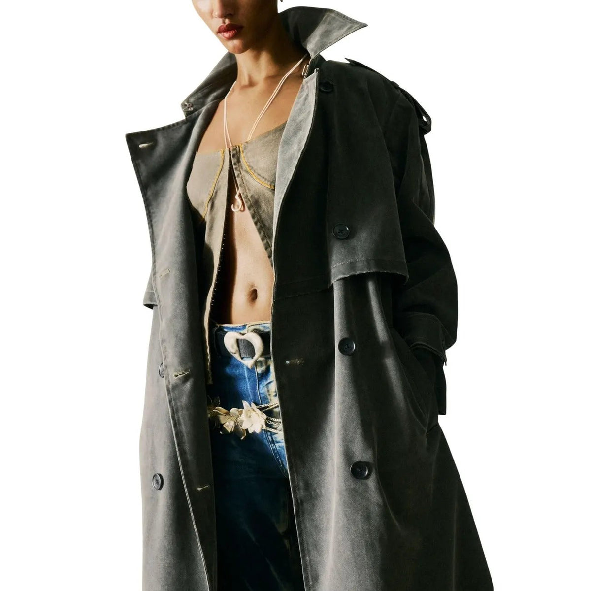 Desigual Women's Elegant Grey Belted Trench Coat With Lapel Collar Design by Desigual
