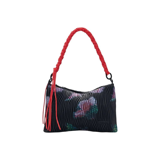 Desigual Women Black Floral Pleated Shoulder Bag With Zip and Red Braided Handle by Desigual