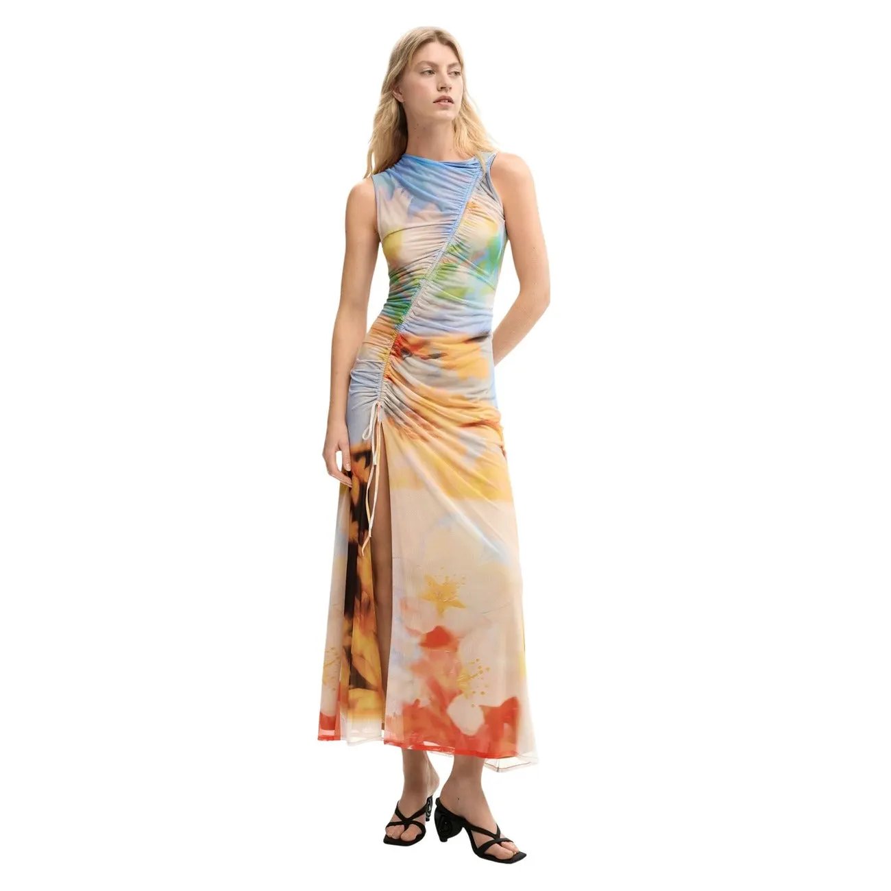 Desigual Women Vibrant Orange Floral Sleeveless Ruched Stretchy Dress by Desigual