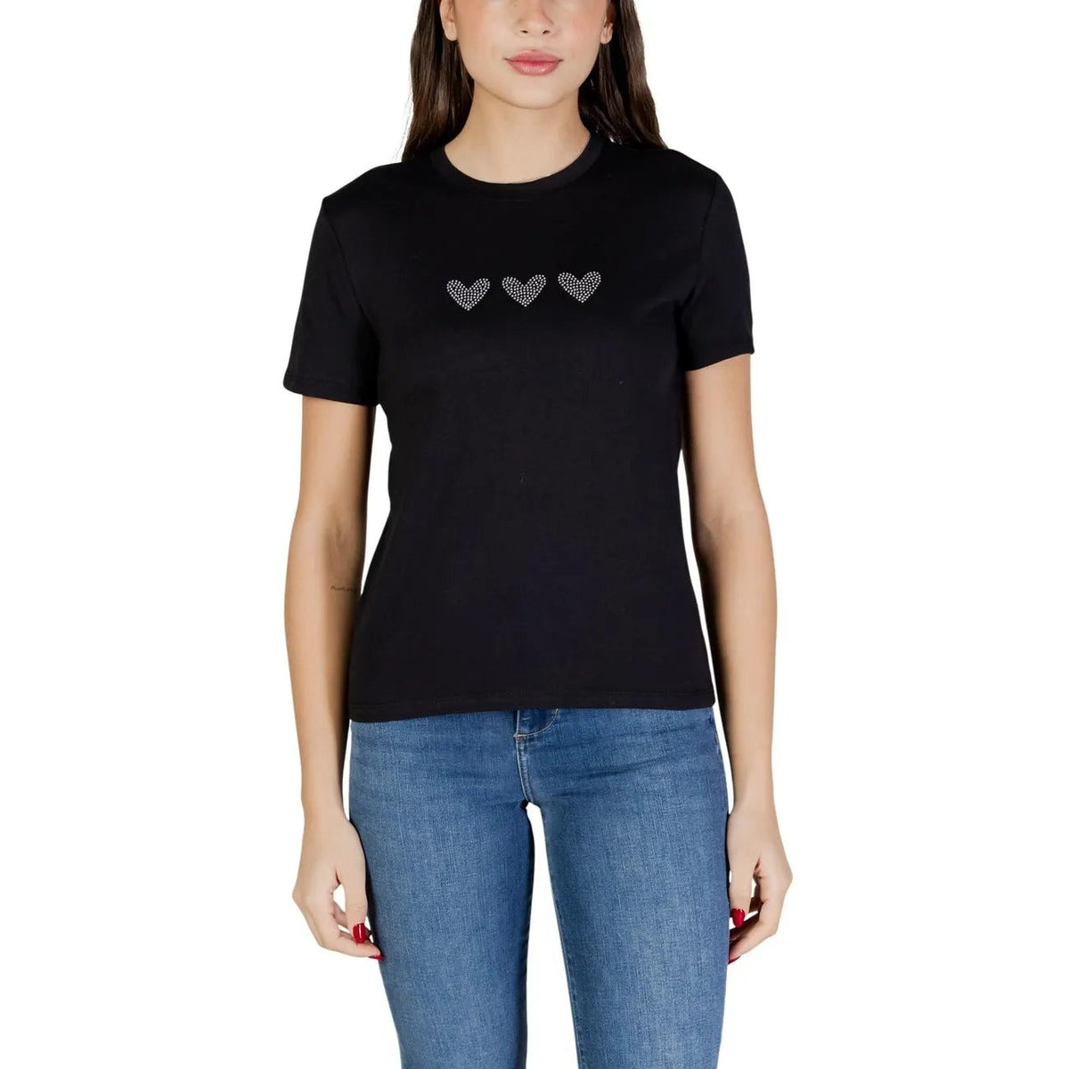 Stylish Only Women Black 100% Organic Cotton Heart Detail Short Sleeve T-Shirt by Only