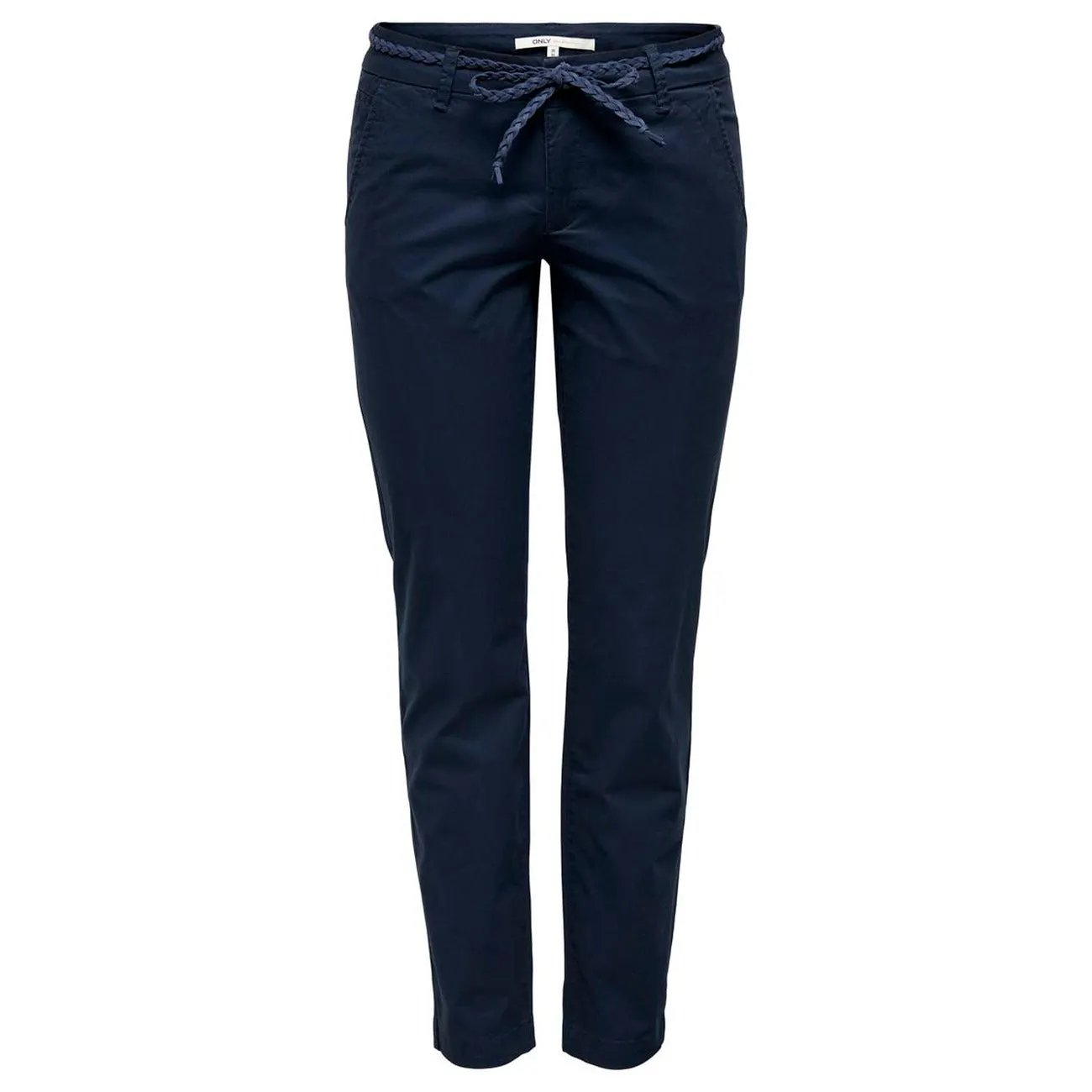 Only Women Comfortable Blue Cotton Stretch Trousers Featuring Braided Belt by Only