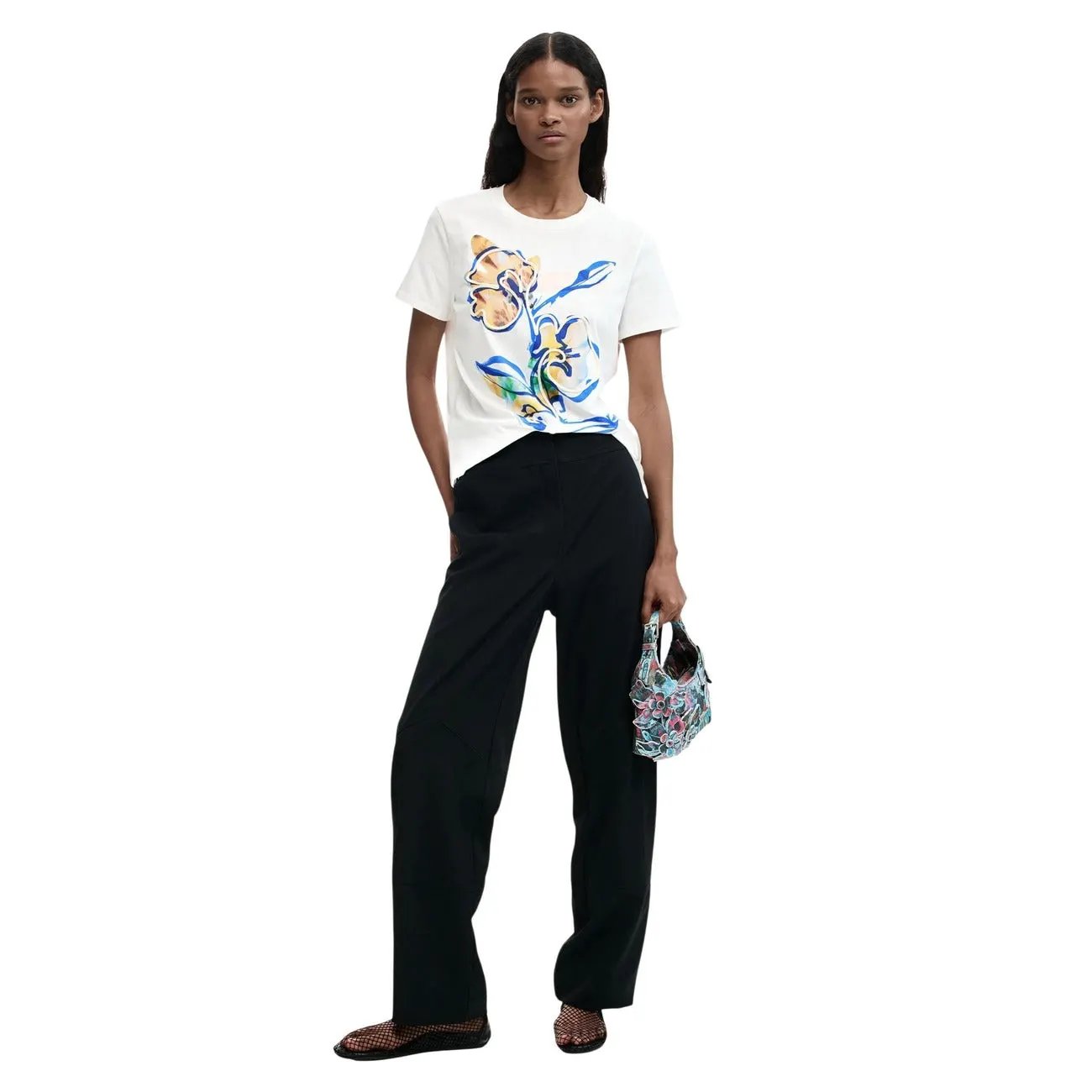 Premium Desigual Women White Floral Print Cotton Short Sleeve T-Shirt by Desigual