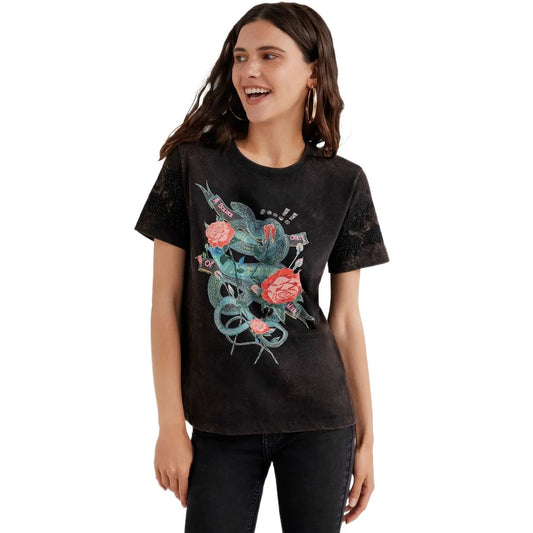 Desigual Women Black Premium Cotton Graphic Print Short Sleeve T Shirt by Desigual