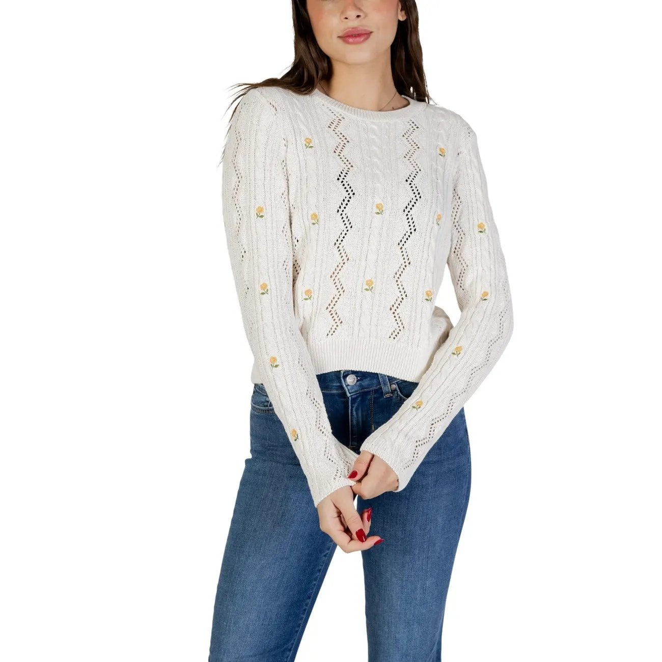 Only Women Cozy White Floral Cable Knit Sweater Long Sleeve Round Neck by Only