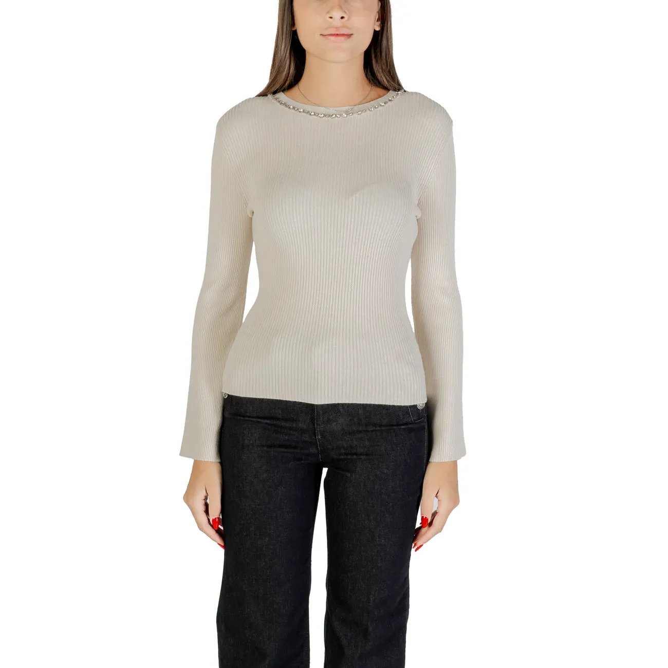 Stylish Only Women Beige Rhinestone Ribbed Knitwear Sweater Top Winter by Only