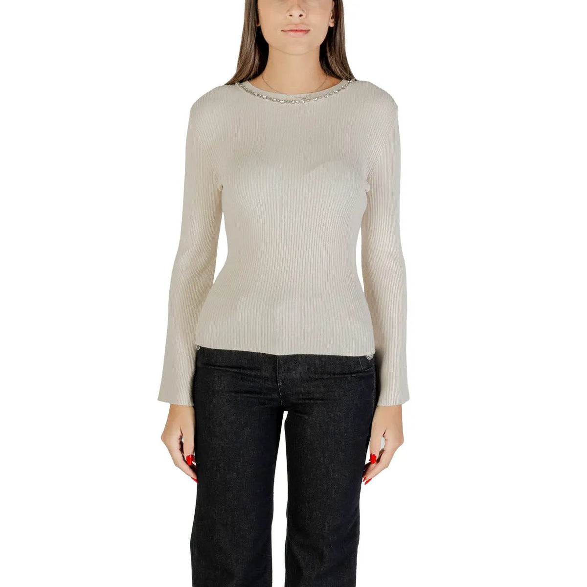Stylish Only Women Beige Rhinestone Ribbed Knitwear Sweater Top Winter by Only