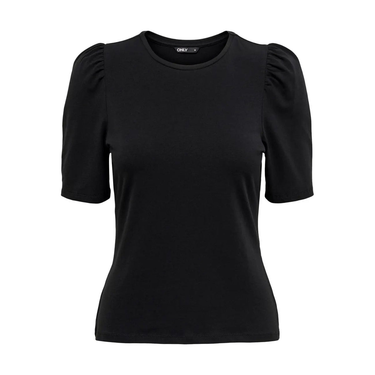 Stylish Only Women Black Puff Sleeve Comfy Cotton Blend Round Neck T Shirt by Only