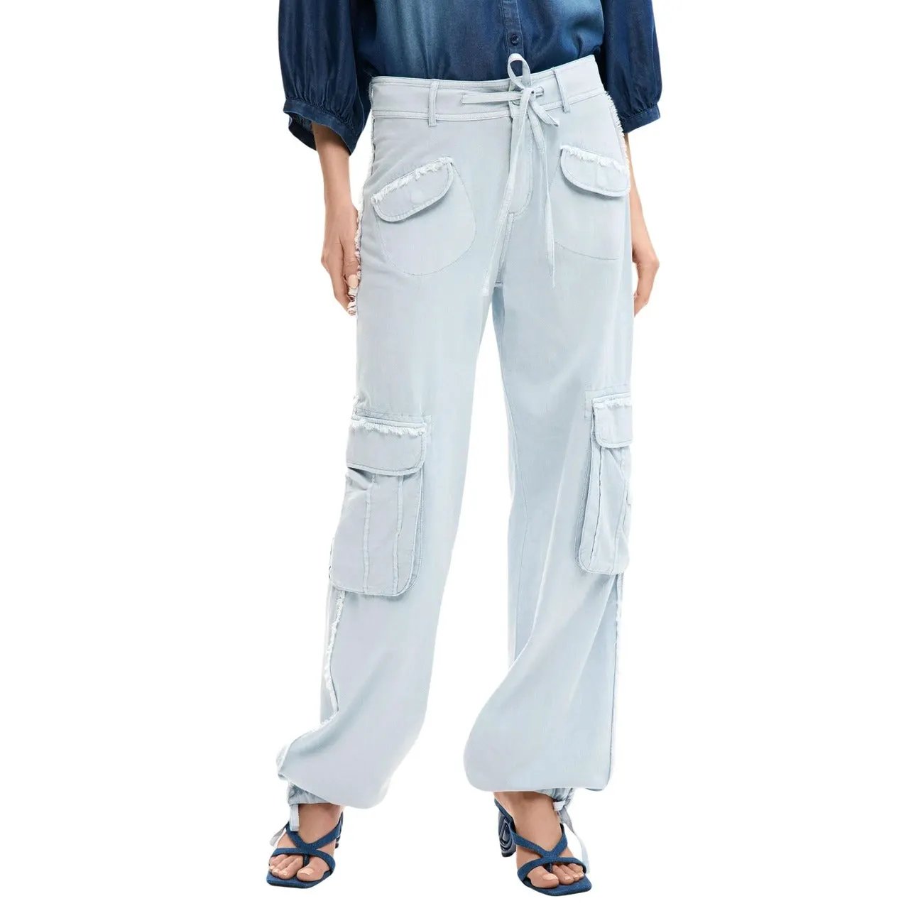 Desigual Women Stylish Light Blue Cotton Viscose Cargo Trousers Summer by Desigual