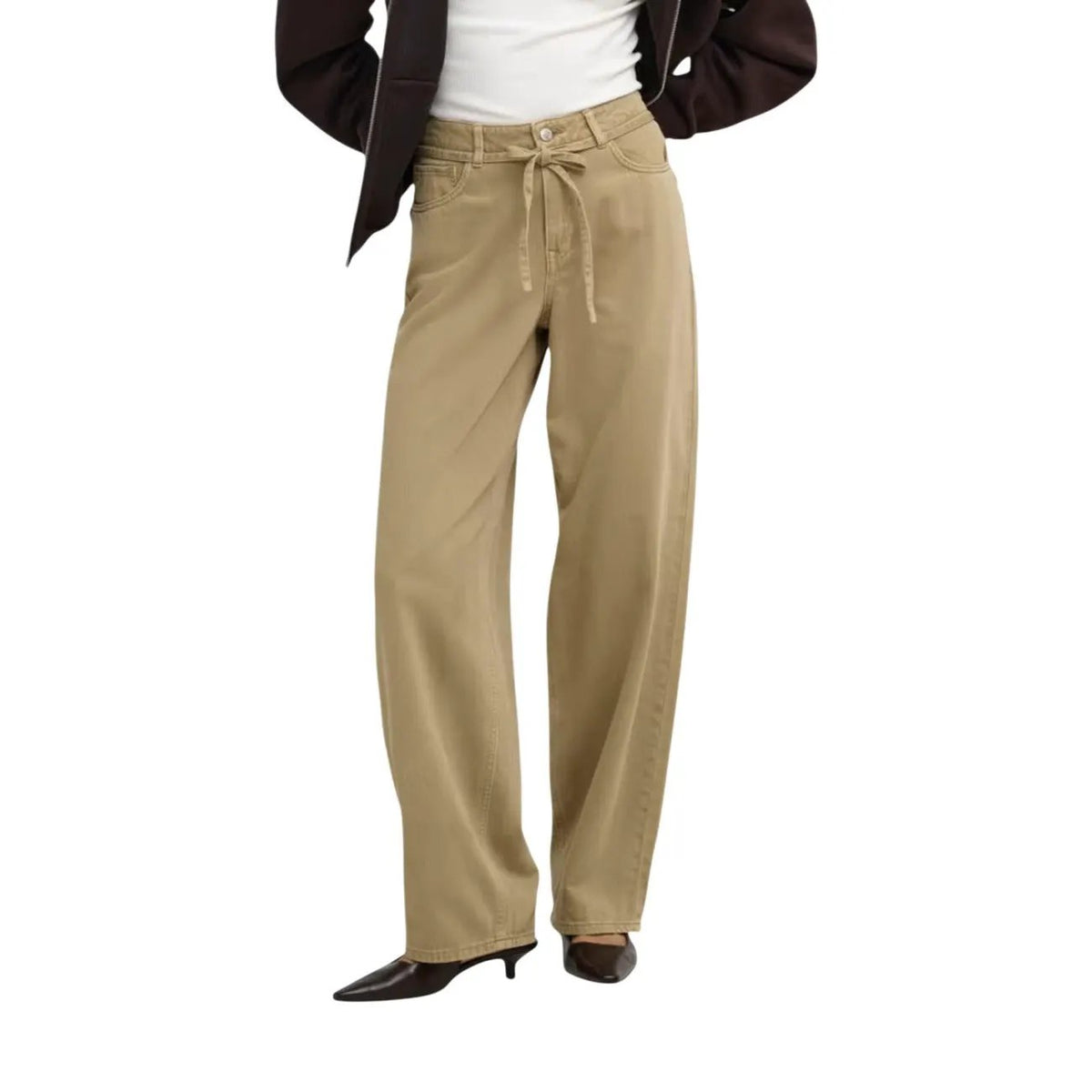 Only Women Stylish Brown Wide Leg Cotton Jeans With Drawstring Waist by Only