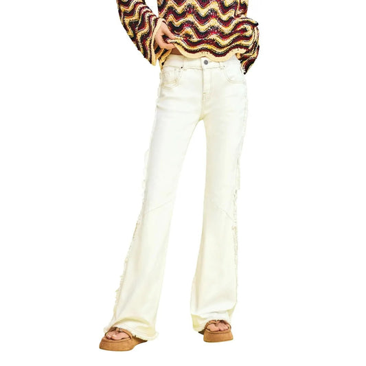 Desigual Women Beige Cotton Stretch Fringe Flare Wide Leg Jeans by Desigual