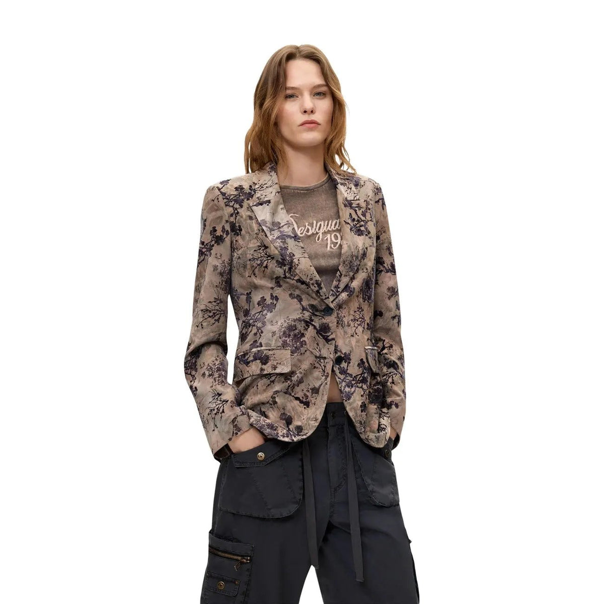 Desigual Women Beige Floral Lapel Blazer Elegant Long Sleeve Jacket by Desigual
