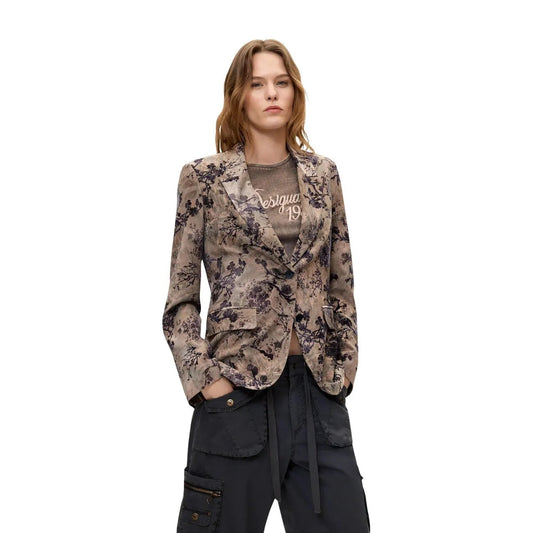 Desigual Women Beige Floral Lapel Blazer Elegant Long Sleeve Jacket by Desigual