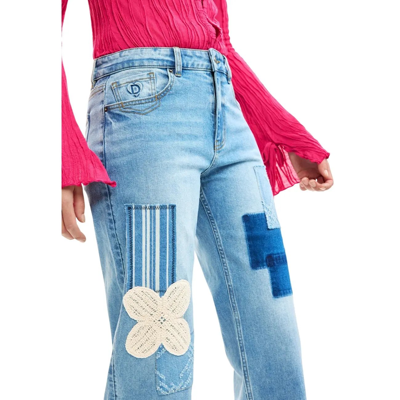 Desigual Women Light Blue Patchwork Wide Leg Jeans Stretch Comfort by Desigual