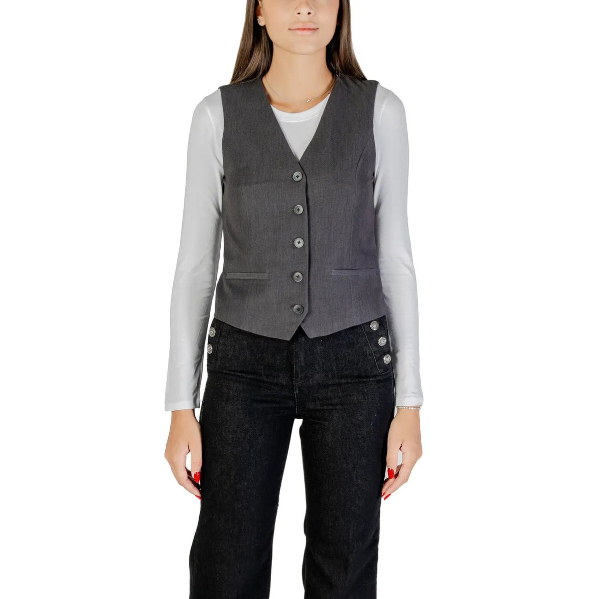 Only Womens Essential Grey Button Front V-Neck Lightweight Gilet by Only