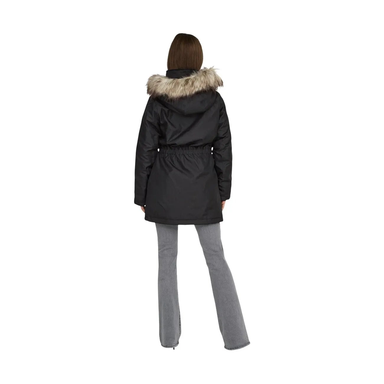 Only Women Black Winter Fur Hooded Parka Jacket With Zipper Warm Stylish by Only