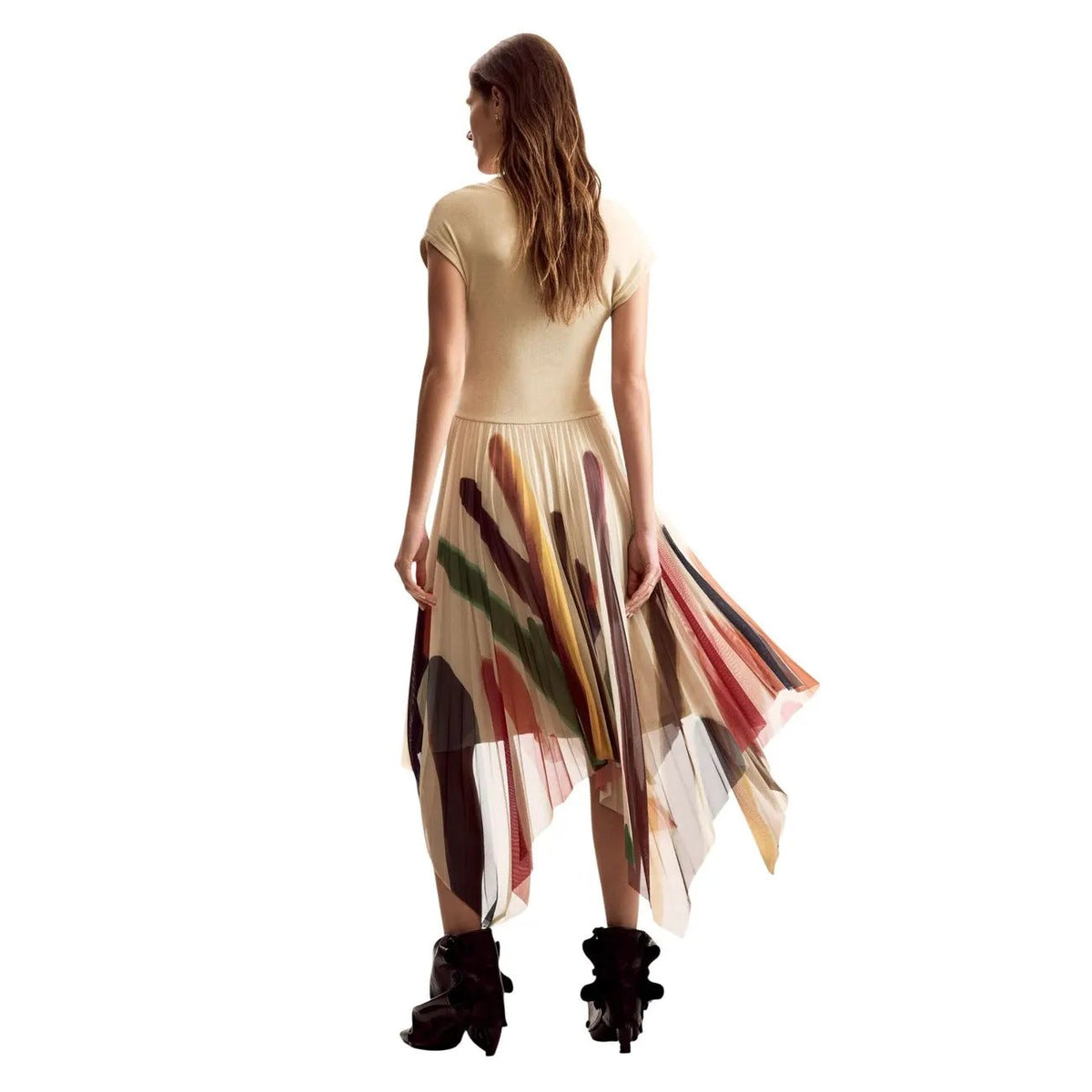 Desigual Women Beige Abstract Print Pleated Short Sleeve Dress Summer Elegant by Desigual