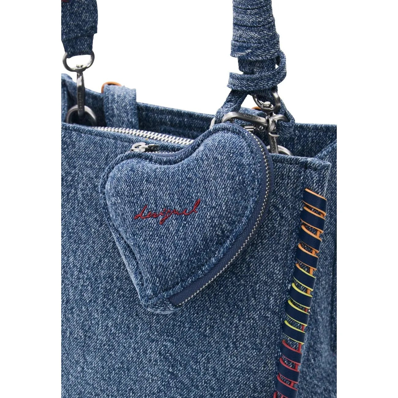 Desigual Women Blue Cotton Handbag with Zip Fastening Heart Charm Pockets by Desigual