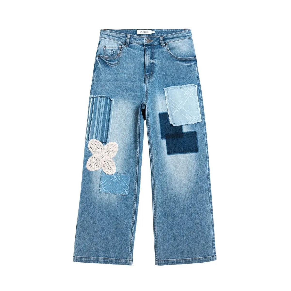 Desigual Women Light Blue Patchwork Wide Leg Jeans Stretch Comfort by Desigual