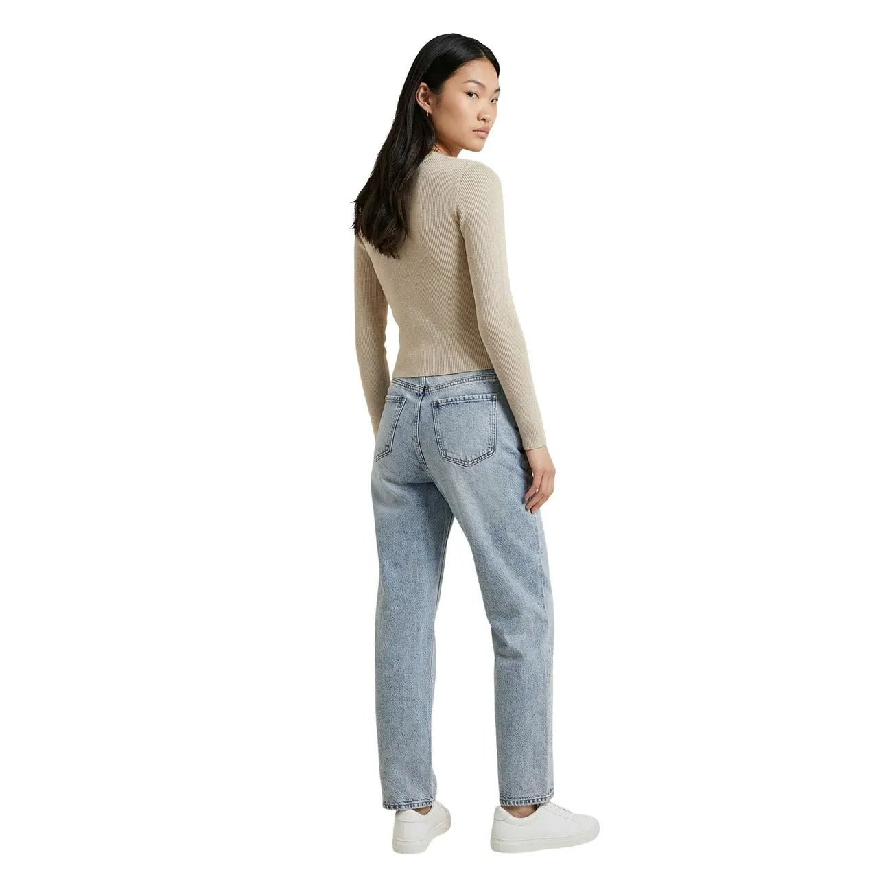 Only Women Beige V Neck Long Sleeve Button Front Ribbed Cardigan Top by Only