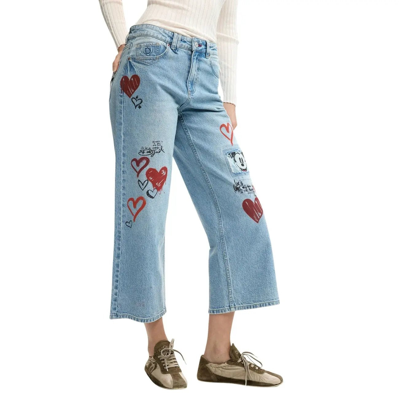 Desigual Women Stylish Light Blue Stretch Heart Print Wide Leg Jeans by Desigual