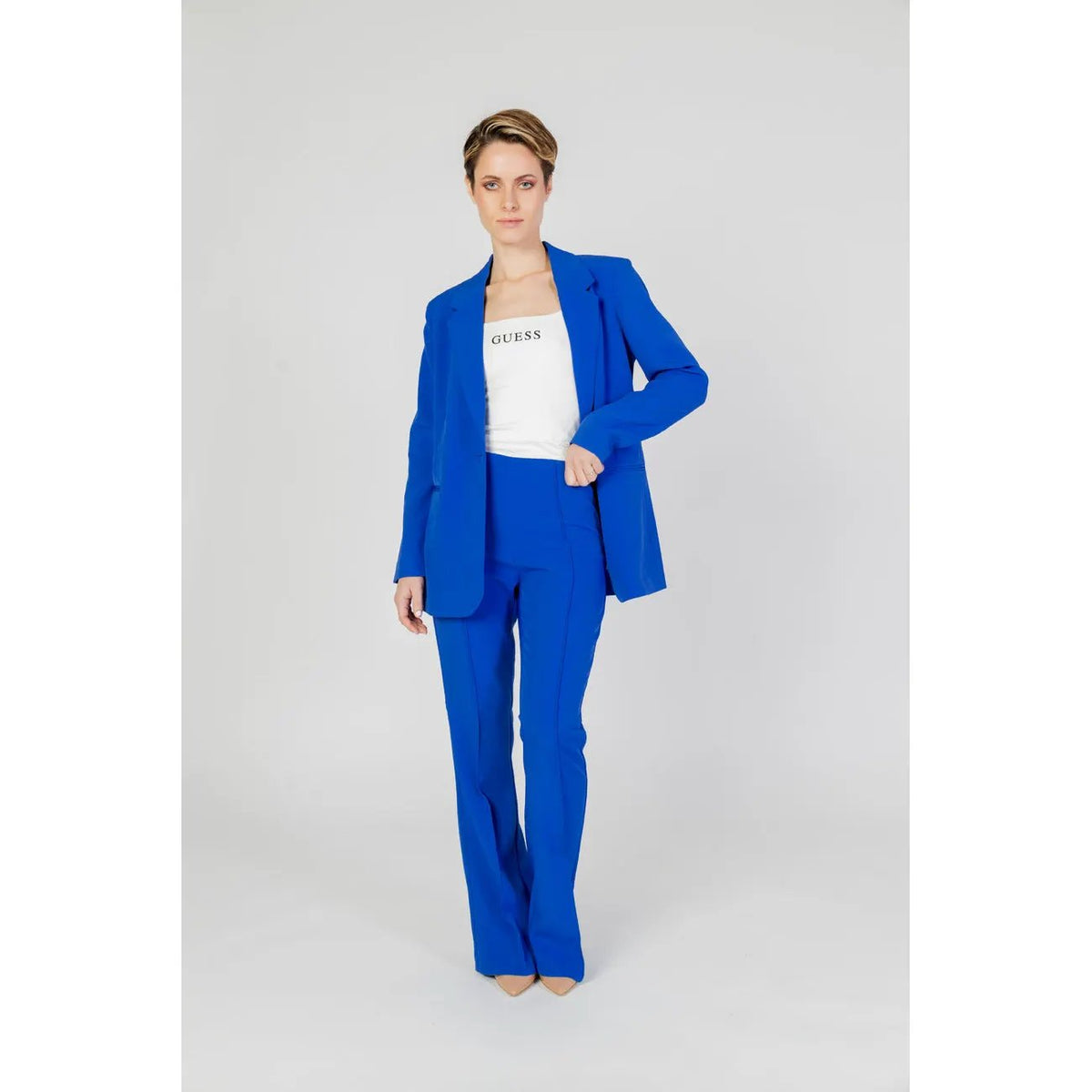 Only Women Blue Stretch Trousers High Waist Slim Casual Wide Leg Pants by Only