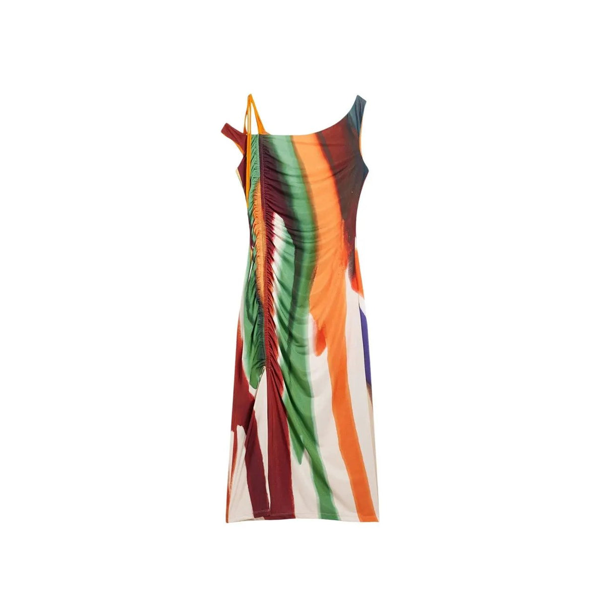 Desigual Women Vibrant Striped Cold Shoulder Ruched Stretch Midi Dress by Desigual