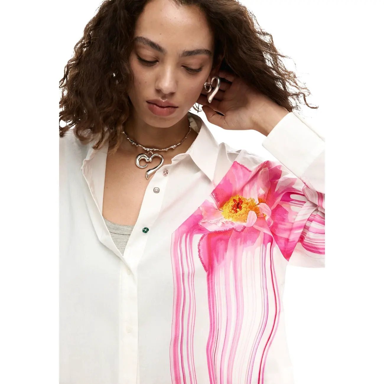 Desigual Women Classic White Long Sleeve Floral Cotton Button Down Shirt by Desigual