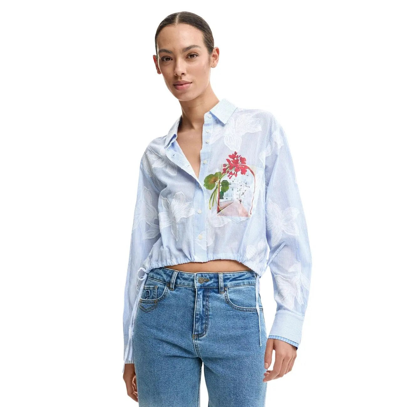 Desigual Women Elegant Light Blue Floral Cotton Long Sleeve Shirt by Desigual