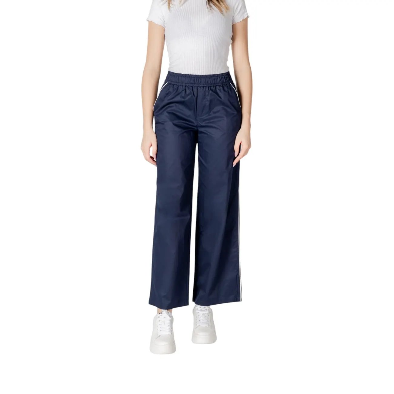 Only Women Comfortable Wide Leg Cotton Trousers Blue Casual Style by Only