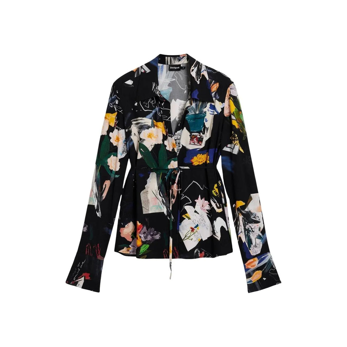 Desigual Women Elegant Black Floral V Neck Long Sleeve Button Shirt by Desigual