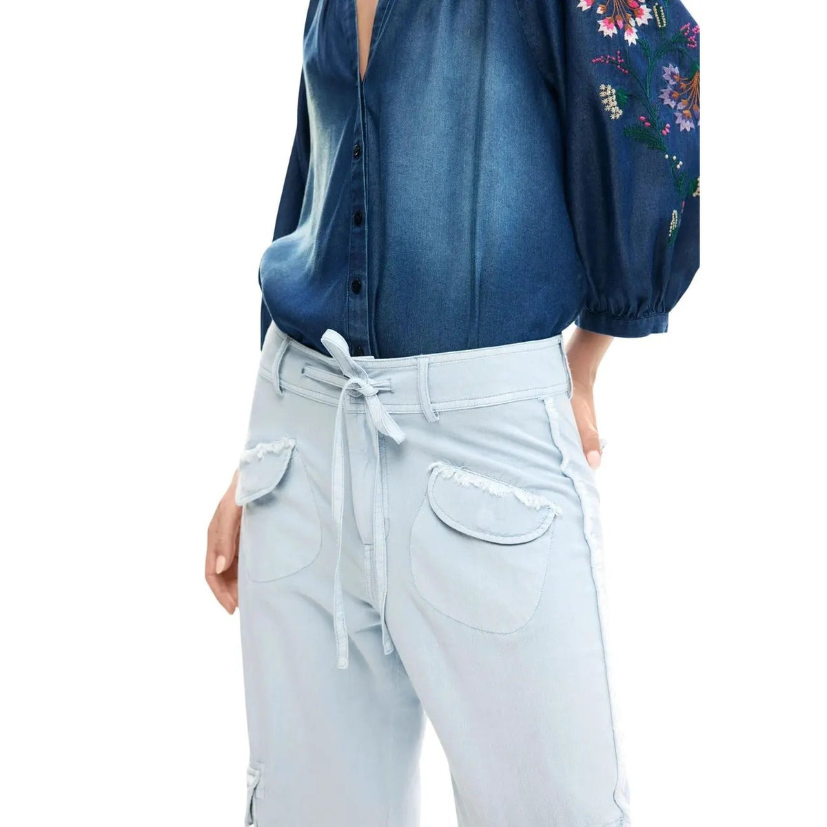 Desigual Women Stylish Light Blue Cotton Viscose Cargo Trousers Summer by Desigual