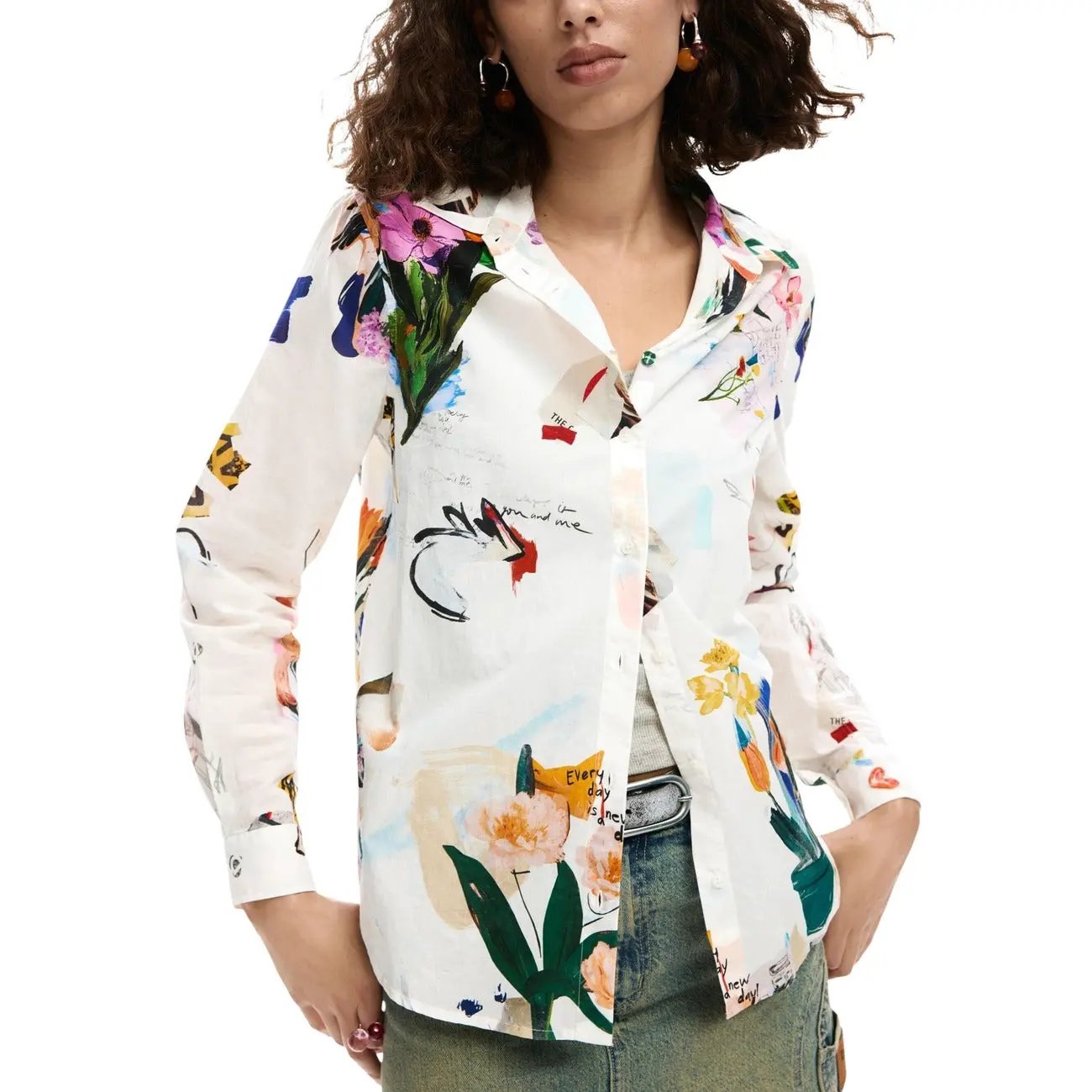 Desigual Women White Floral Print Long Sleeve Cotton Button Shirt by Desigual