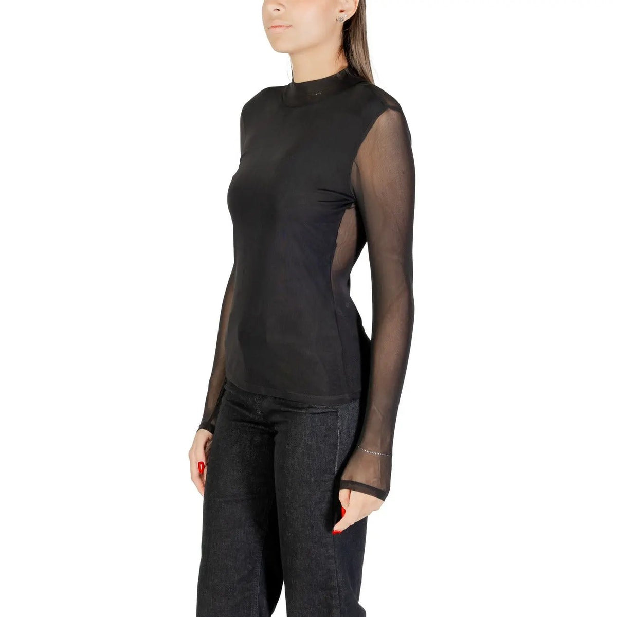 Only Women Black Long Sleeve Sheer Mesh Knitwear Top Stretchy Winter by Only