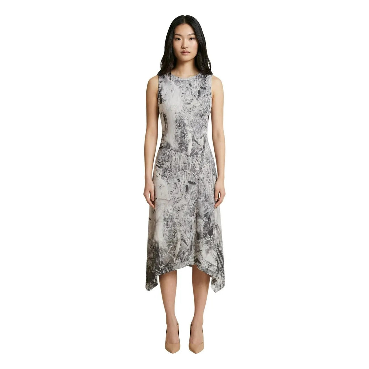 Desigual Women Grey Sleeveless Abstract Print Elastic Midi Asymmetric Dress by Desigual