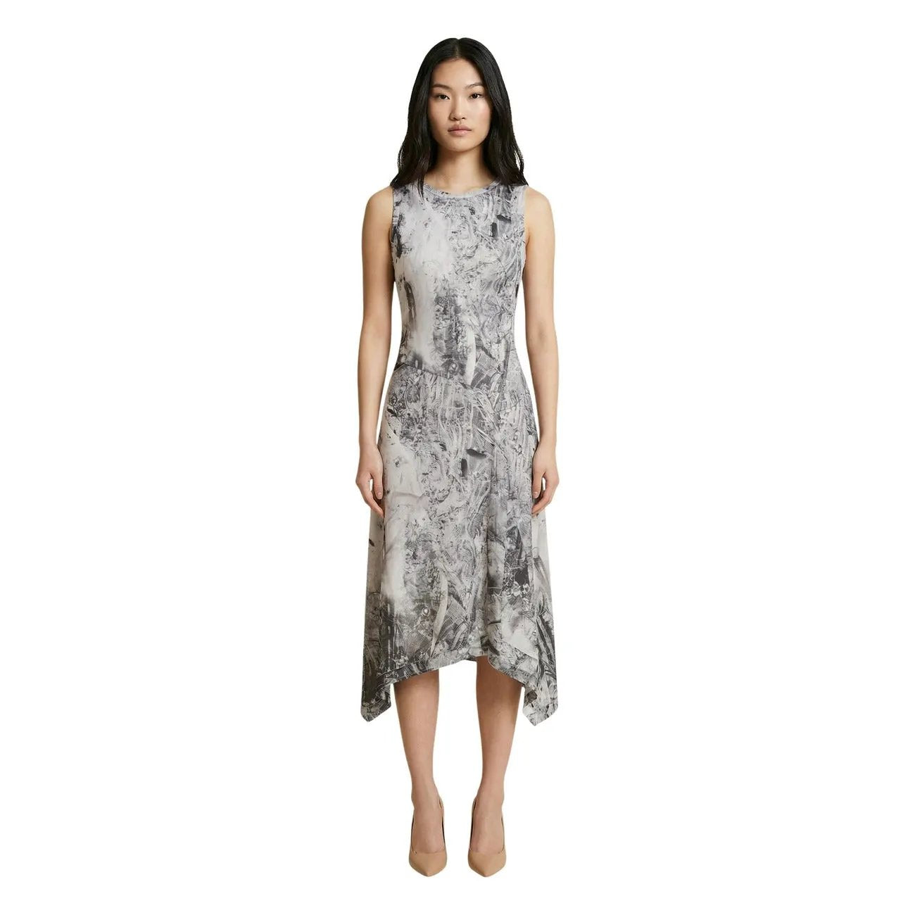 Desigual Women Grey Sleeveless Abstract Print Elastic Midi Asymmetric Dress by Desigual