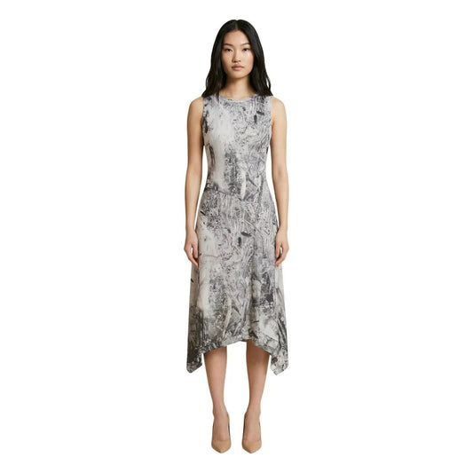 Desigual Women Grey Sleeveless Abstract Print Elastic Midi Asymmetric Dress by Desigual