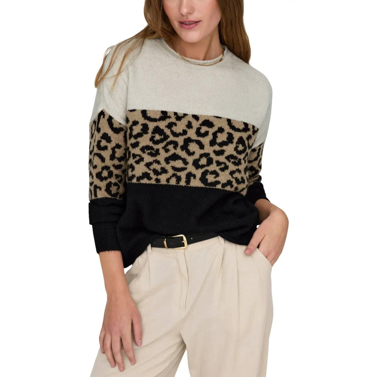 Only Women Leopard Print Long Sleeve Round Neck Cozy Knitwear Sweater Beige by Only