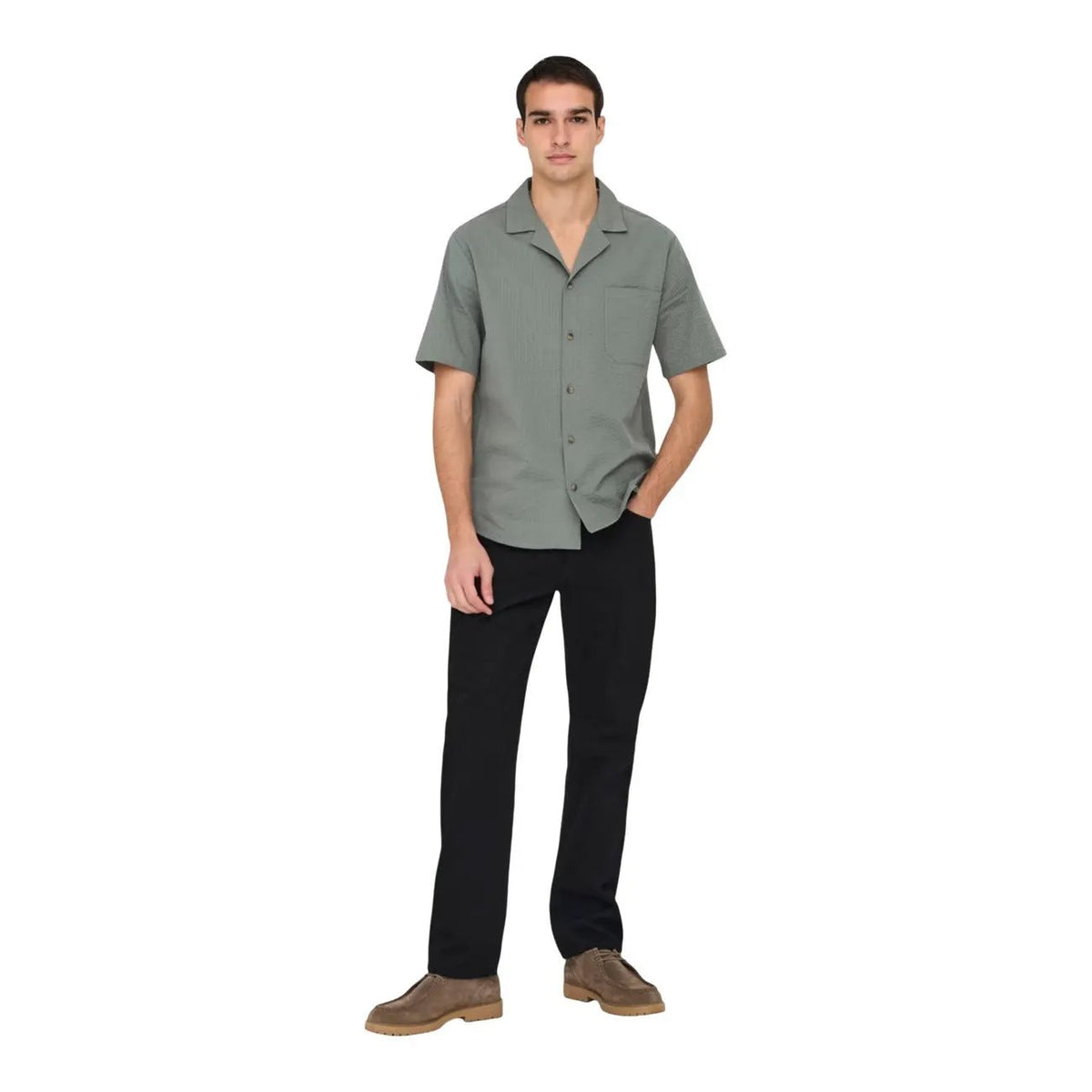 Only Sons Men Green Short Sleeve Organic Cotton Premium Resort Shirt by Only & Sons