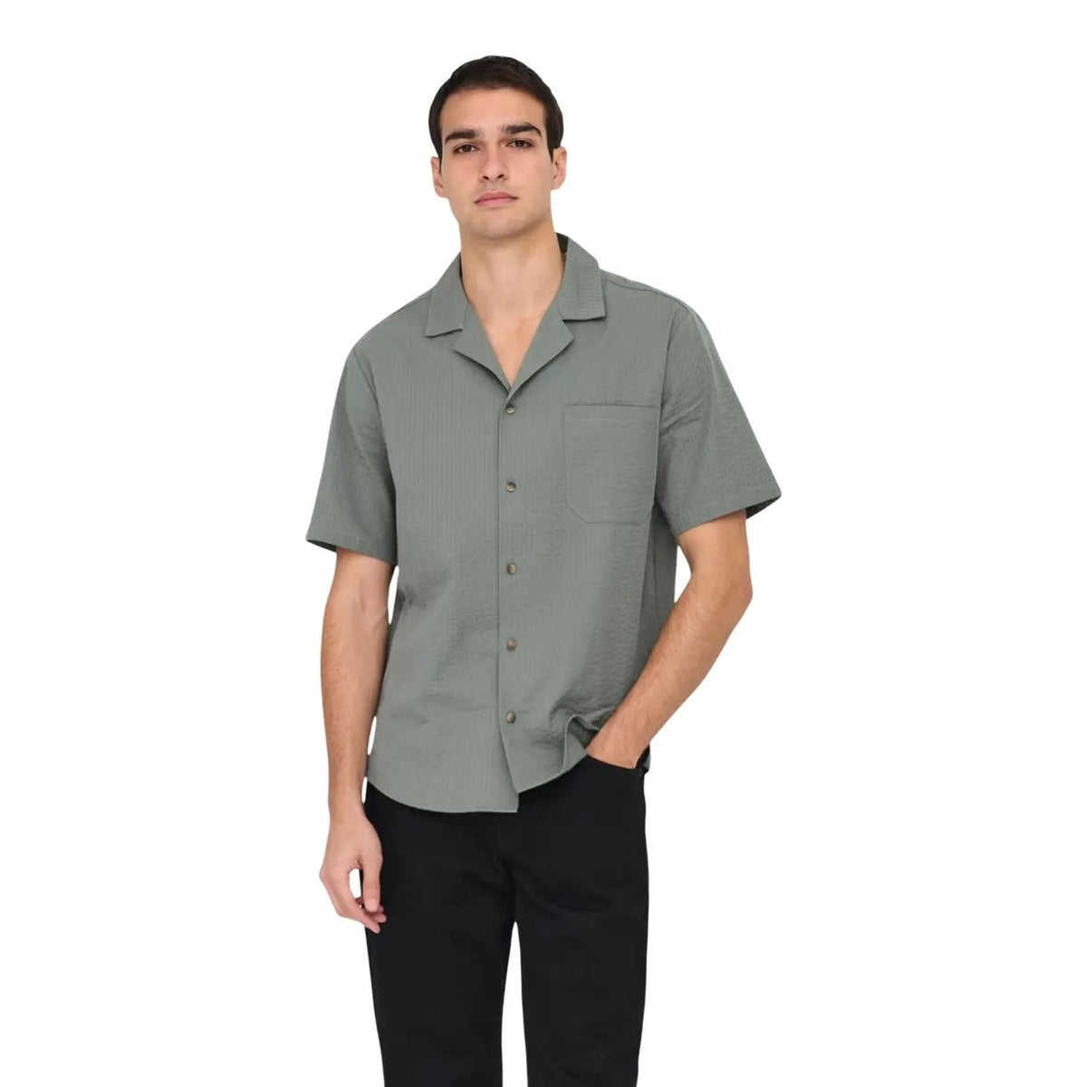 Only Sons Men Green Short Sleeve Organic Cotton Premium Resort Shirt by Only & Sons