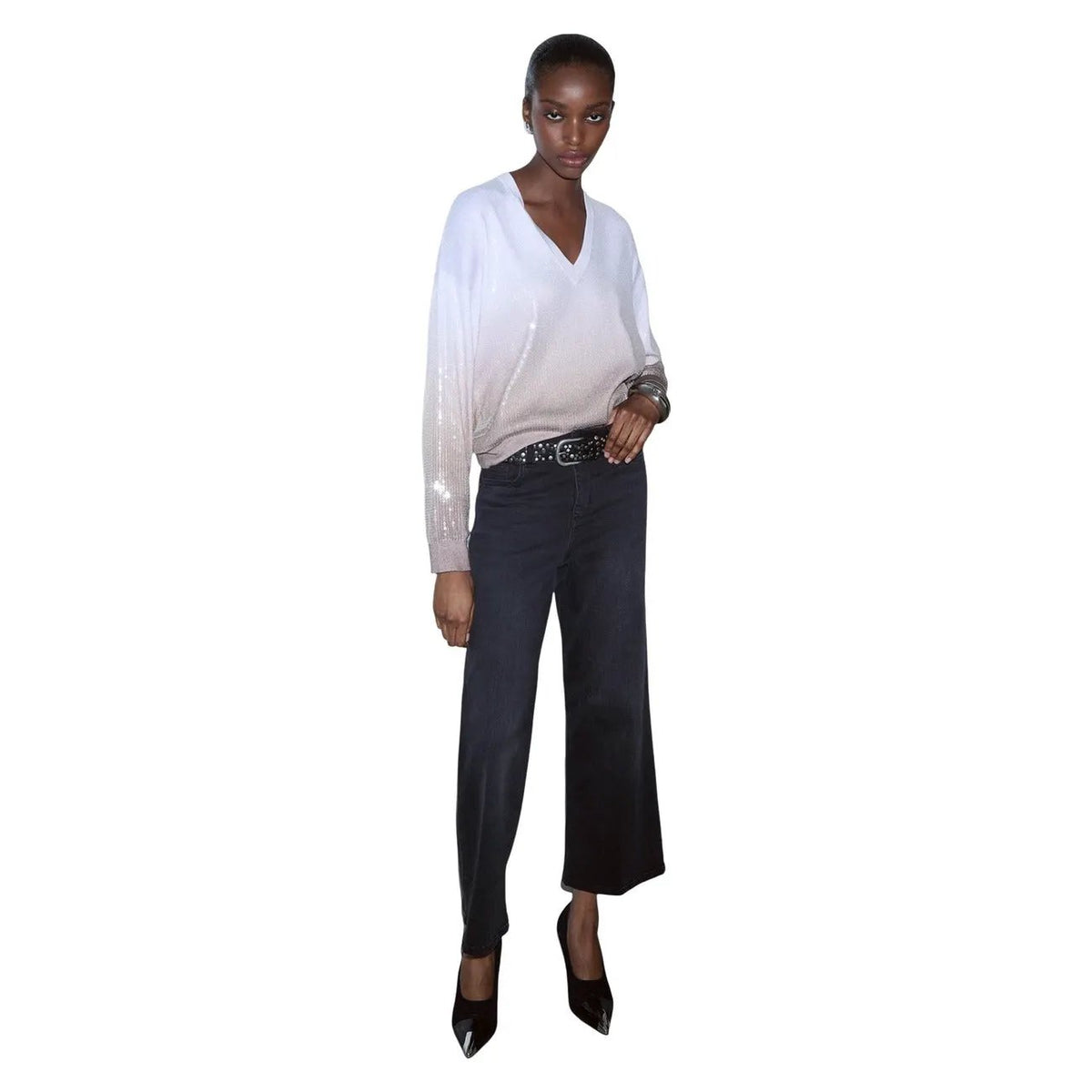 Liu Jo Women's Sequin Knit V-Neck Sweater Beige Cozy Luxe For Fall Winter by Liu Jo