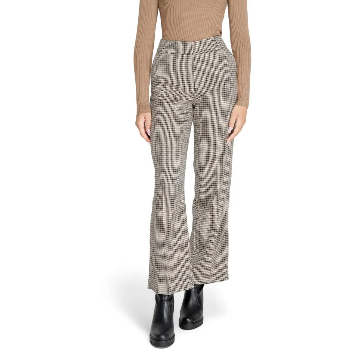Only Women Checked Beige Flared Trousers With Zip Fastening Stretch by Only