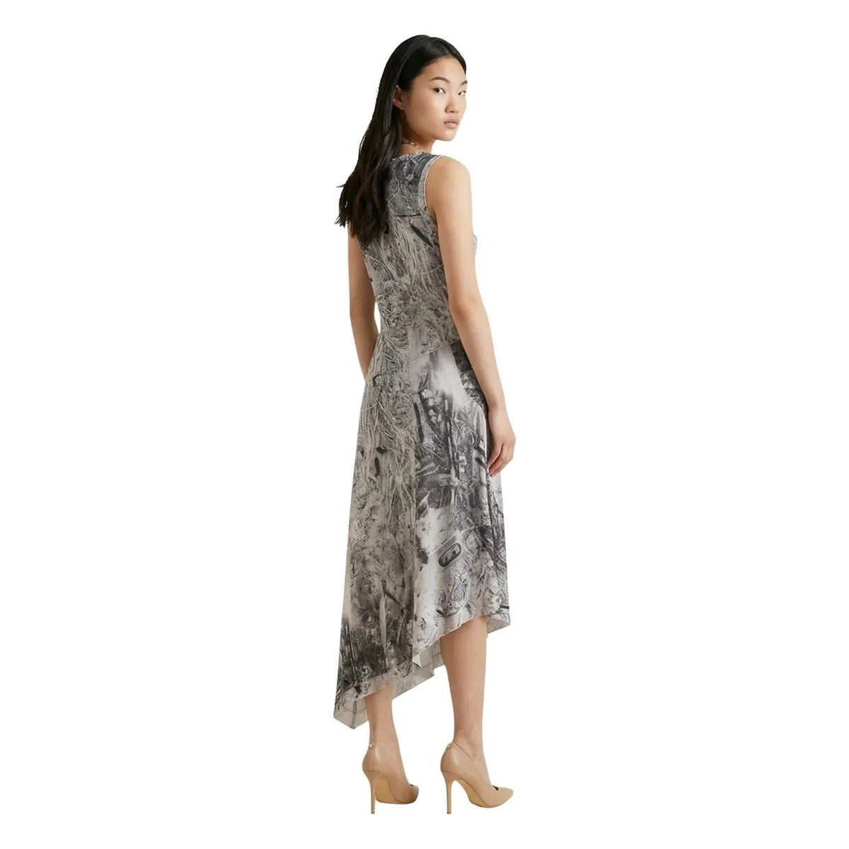 Desigual Women Grey Sleeveless Abstract Print Elastic Midi Asymmetric Dress by Desigual