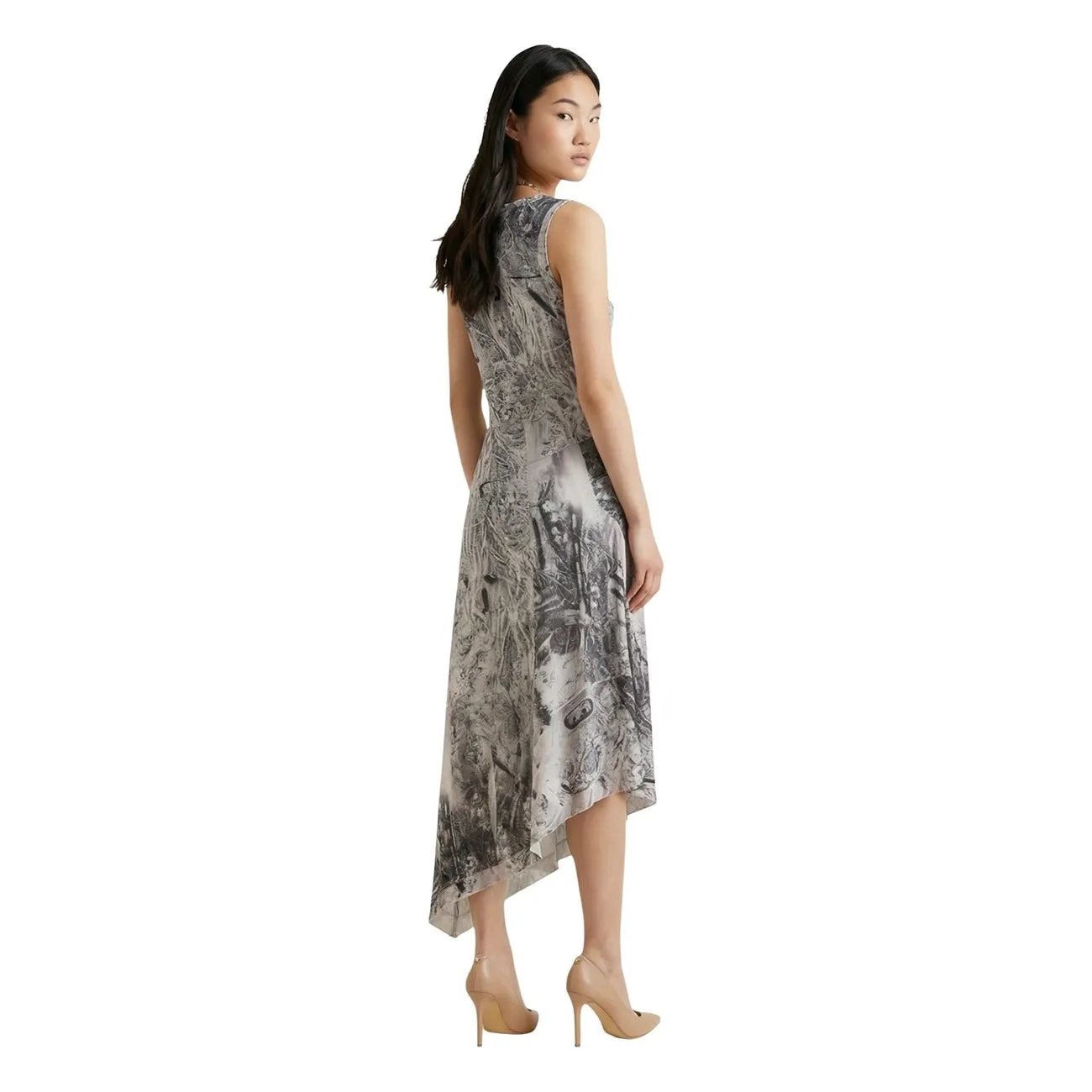 Desigual Women Grey Sleeveless Abstract Print Elastic Midi Asymmetric Dress by Desigual