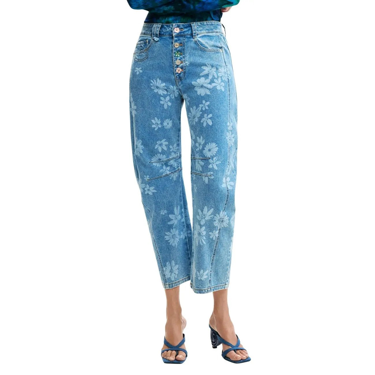 Desigual Women Floral Denim Jeans Light Blue Stretch Cotton Comfort Fashion by Desigual