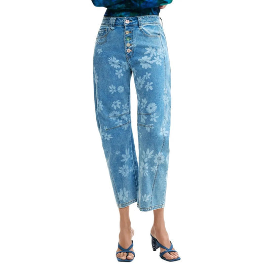 Desigual Women Floral Denim Jeans Light Blue Stretch Cotton Comfort Fashion by Desigual