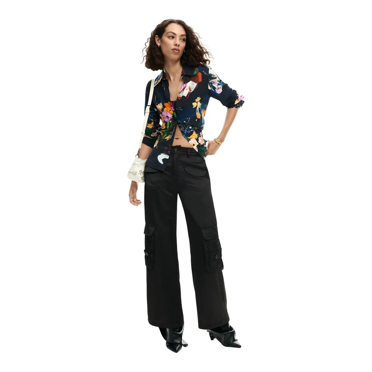 Desigual Women Elegant Black Floral V Neck Long Sleeve Button Shirt by Desigual